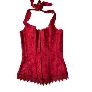Frederick's of Hollywood red satin lace trim halter corset top 32